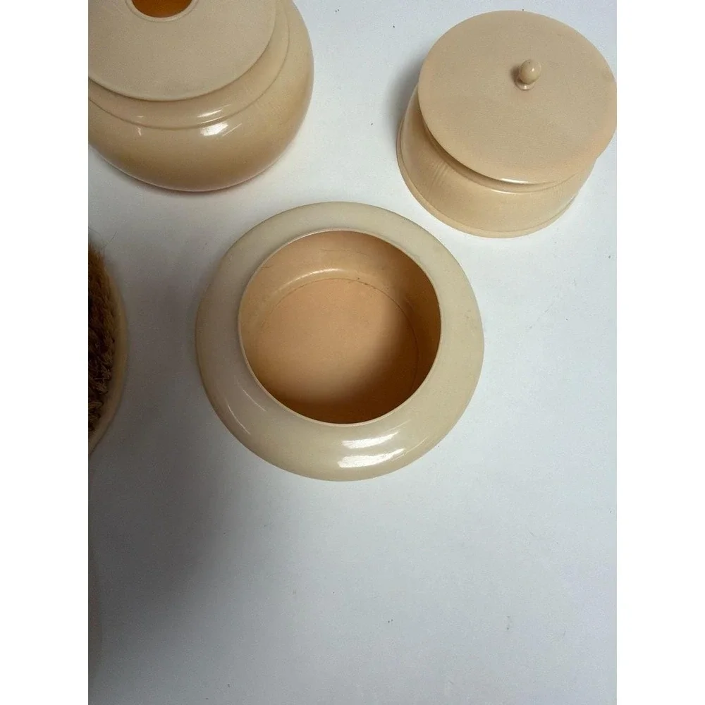 Vintage Art Deco Celluloid Vanity Set with Hair Receiver, Powder Jar, Trinket Bo